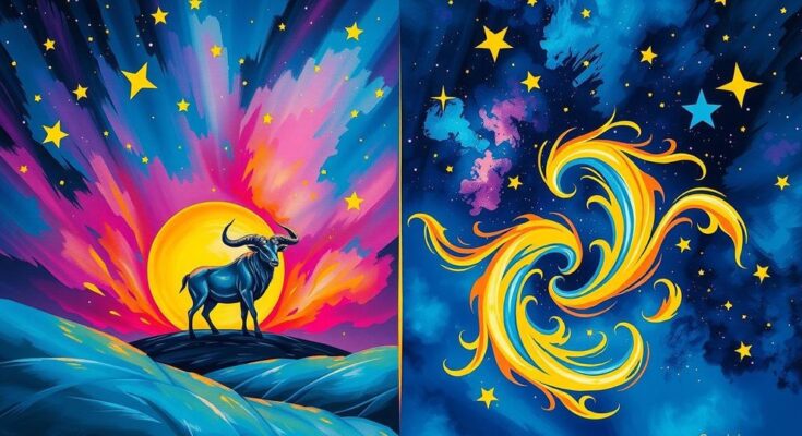 A vibrant cosmic scene depicting the transition from Taurus to Gemini, representing new ideas and curiosity.