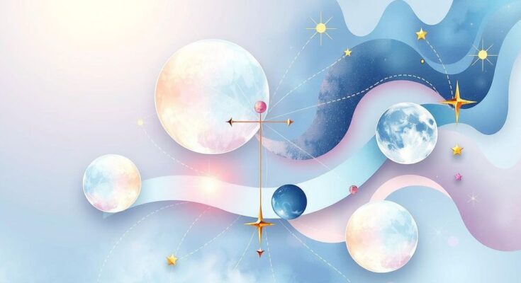 Astrological symbols and celestial objects in calming pastel colors, representing tranquility and introspection.