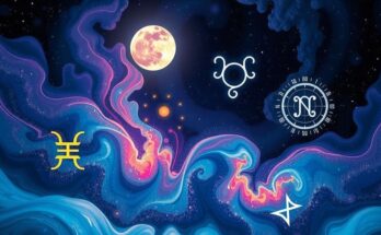 A cosmic scene illustrating astrological symbols with a night sky, planets, and a glowing waning gibbous Moon, in dreamy blues and purples.