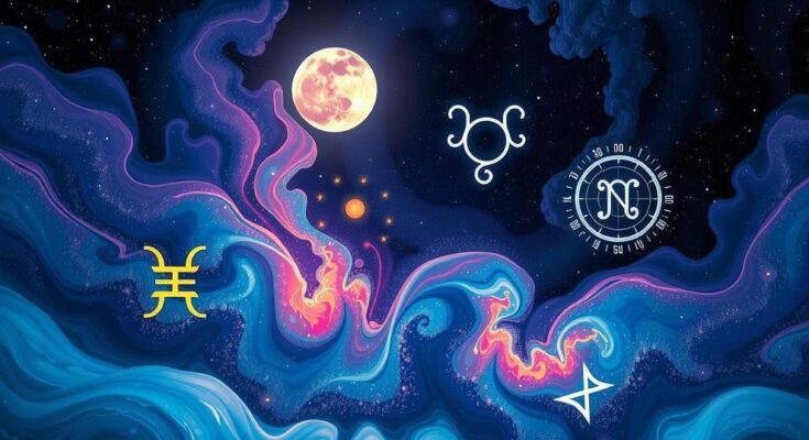 A cosmic scene illustrating astrological symbols with a night sky, planets, and a glowing waning gibbous Moon, in dreamy blues and purples.