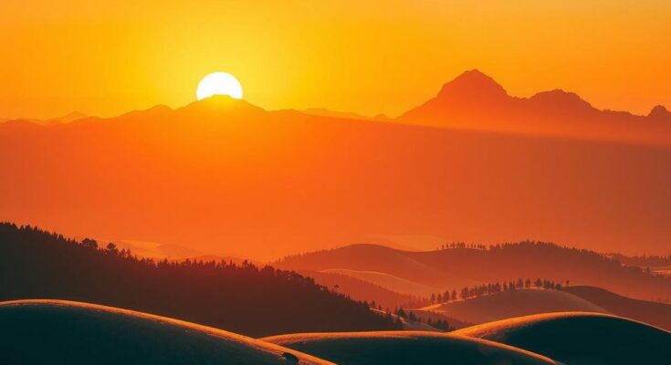 Golden sunrise over mountains with an orange hue, reflecting dedication and commitment.