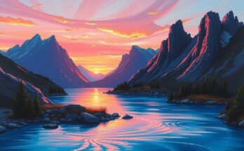 A serene landscape at sunset, featuring rocky mountains and a calm river, in soft pastel colors for tranquility.