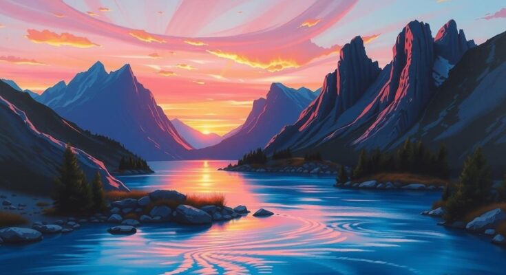 A serene landscape at sunset, featuring rocky mountains and a calm river, in soft pastel colors for tranquility.