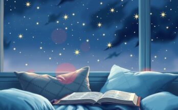 A calming night scene with soft stars and cozy reading nook, capturing relaxation and evening hobbies.