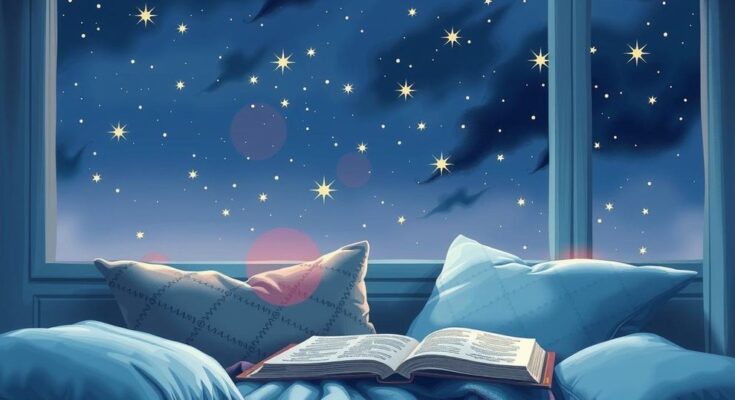 A calming night scene with soft stars and cozy reading nook, capturing relaxation and evening hobbies.