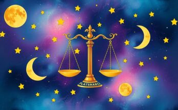 A vibrant Libra symbol with cosmic elements, showcasing creativity and personal growth in warm colors.
