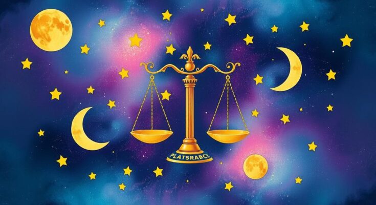 A vibrant Libra symbol with cosmic elements, showcasing creativity and personal growth in warm colors.