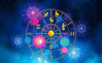 A colorful zodiac wheel with symbols representing each astrological sign against a starry night background.