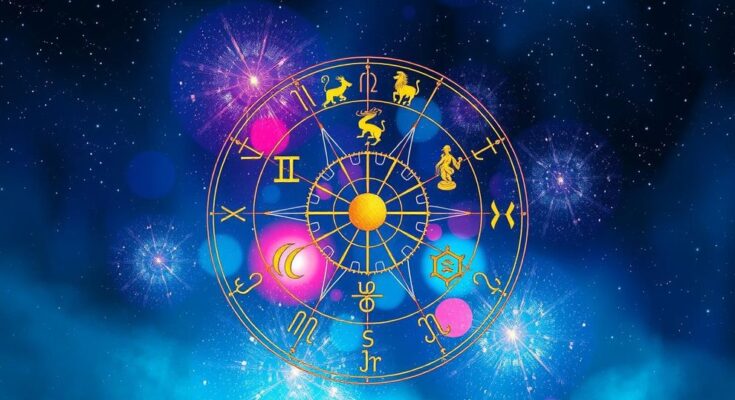 A colorful zodiac wheel with symbols representing each astrological sign against a starry night background.