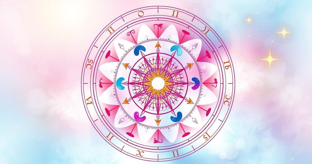 Astrological chart with symbols of zodiac signs in a mystical setting, colored in soft pastels with watercolor style.