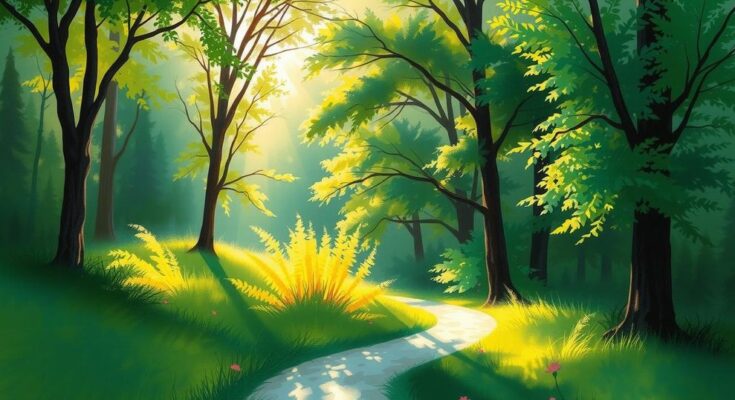 A serene landscape with a winding path through a lush forest, conveying balance and harmony in nature.