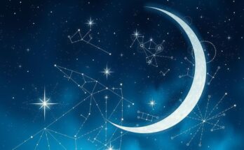 Astrological constellation in night sky, featuring crescent moon and stars, in deep blue and silver hues.