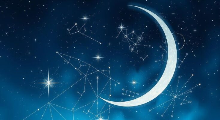 Astrological constellation in night sky, featuring crescent moon and stars, in deep blue and silver hues.