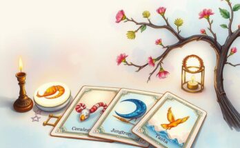 A mystical tarot card layout with zodiac symbols and astrology elements representing horoscopes for the week.