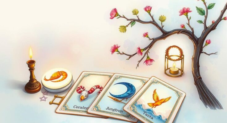 A mystical tarot card layout with zodiac symbols and astrology elements representing horoscopes for the week.