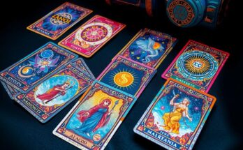 Colorful tarot card spread with zodiac symbols, mystical illustrations, and abstract designs representing fortunes.
