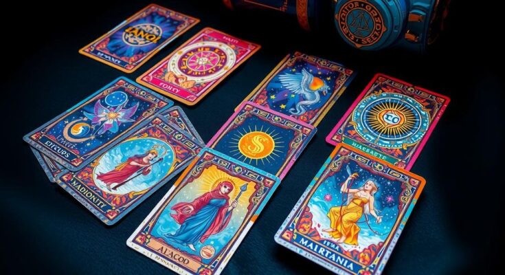 Colorful tarot card spread with zodiac symbols, mystical illustrations, and abstract designs representing fortunes.