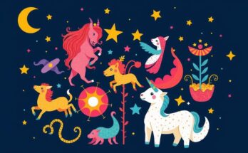Colorful horoscope symbols representing astrology with vibrant details. Set against a celestial background.