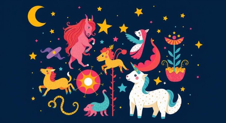 Colorful horoscope symbols representing astrology with vibrant details. Set against a celestial background.