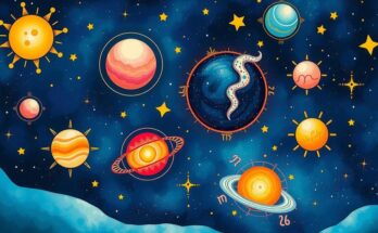 A colorful cosmic landscape featuring celestial bodies symbolizing zodiac signs and astrology.