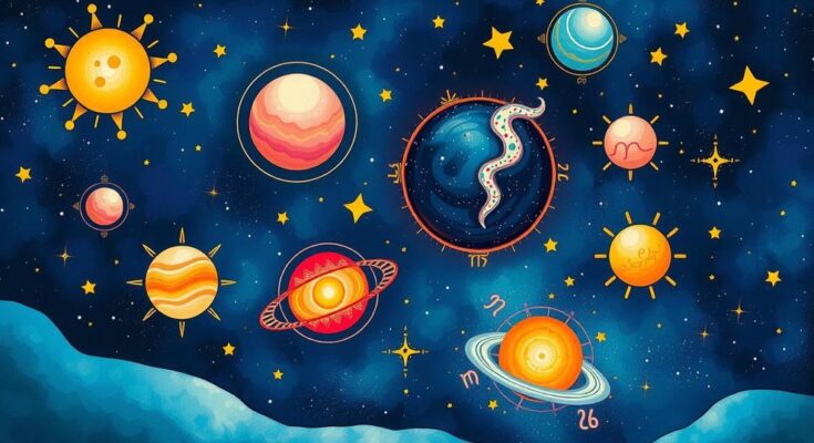 A colorful cosmic landscape featuring celestial bodies symbolizing zodiac signs and astrology.