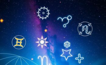 Astrological symbols in the sky, with vibrant stars and planets, representing celestial influences and personal power.