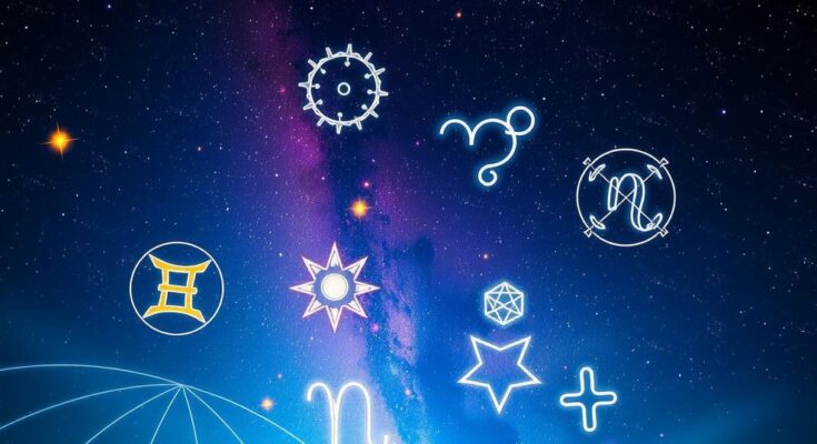 Astrological symbols in the sky, with vibrant stars and planets, representing celestial influences and personal power.