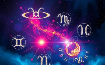 Astrological symbols and zodiac signs representing a day filled with energy and opportunities in a vibrant night sky.