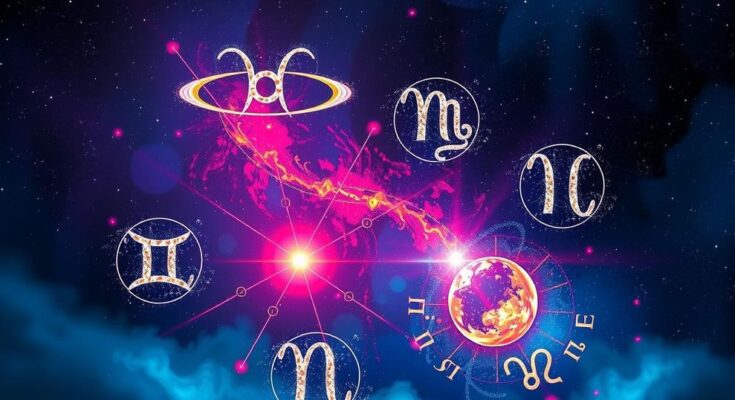 Astrological symbols and zodiac signs representing a day filled with energy and opportunities in a vibrant night sky.