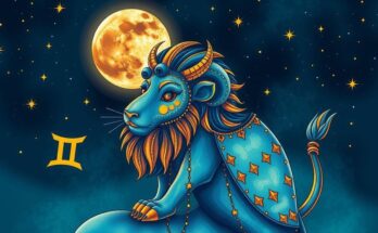 Inspired celestial illustration with a shining lion, stars, and a moon transitioning from Taurus to Gemini.