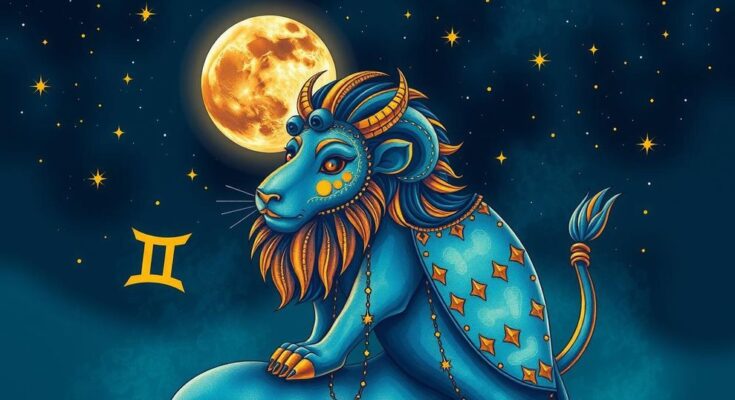 Inspired celestial illustration with a shining lion, stars, and a moon transitioning from Taurus to Gemini.