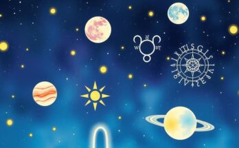 Astrological symbols surrounded by twinkling stars and glowing planets in a celestial night sky.