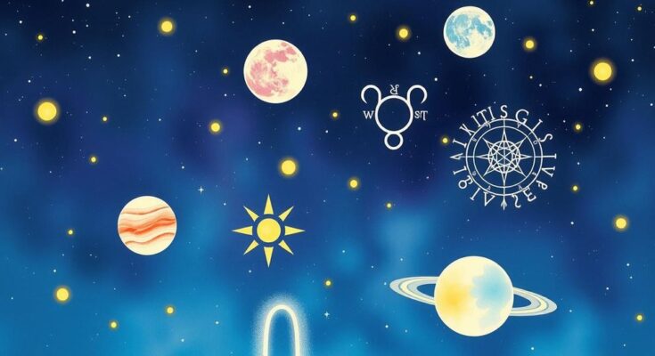 Astrological symbols surrounded by twinkling stars and glowing planets in a celestial night sky.
