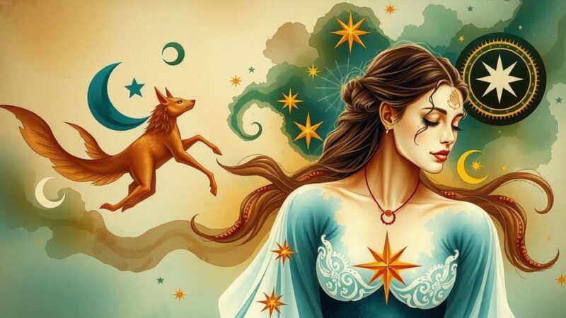 Astrological scene of cosmic elements depicting transformation and empowerment with earthy colors.