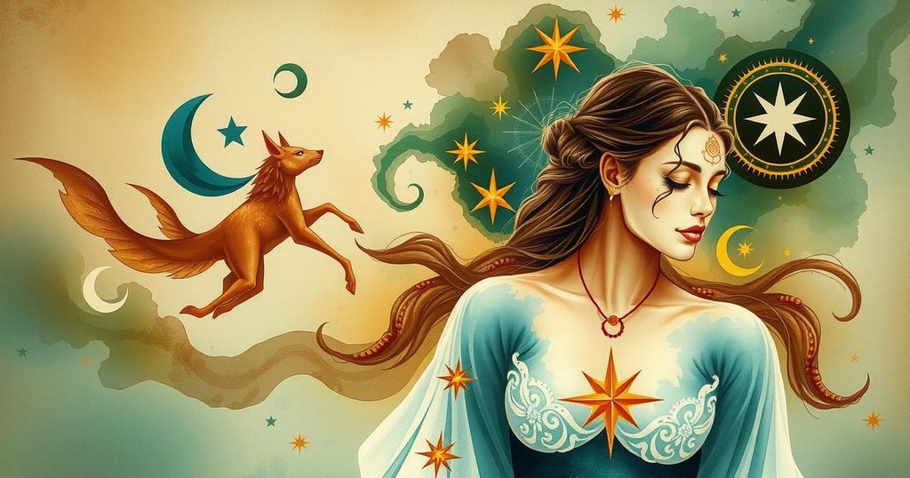 Astrological scene of cosmic elements depicting transformation and empowerment with earthy colors.