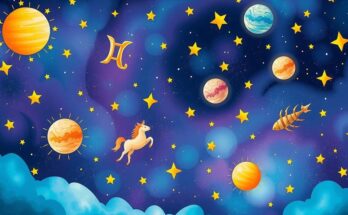A vibrant cosmic backdrop depicting zodiac symbols and celestial bodies with colorful starry effects.