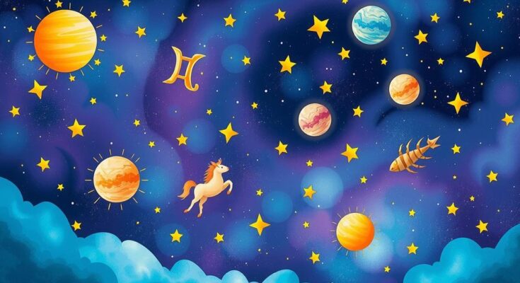 A vibrant cosmic backdrop depicting zodiac symbols and celestial bodies with colorful starry effects.