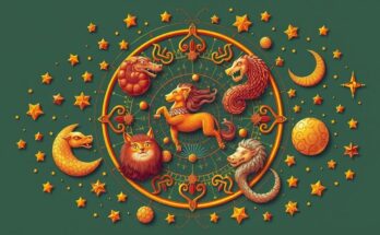 Astrological symbols with celestial elements, golden hues representing wealth and opportunities in the zodiac.