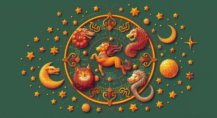 Astrological symbols with celestial elements, golden hues representing wealth and opportunities in the zodiac.