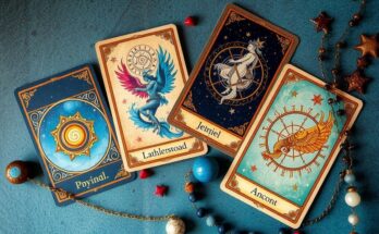 Astrological tarot cards with vibrant colors representing zodiac signs and cosmic elements for May 24, 2025.