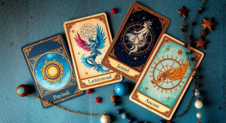 Astrological tarot cards with vibrant colors representing zodiac signs and cosmic elements for May 24, 2025.