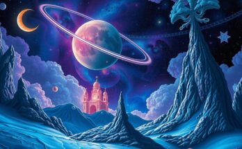Celestial cosmic landscape with zodiac signs and Pluto in retrograde, vibrant colors reflecting transformation.