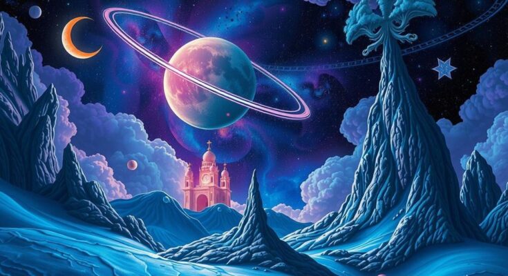 Celestial cosmic landscape with zodiac signs and Pluto in retrograde, vibrant colors reflecting transformation.
