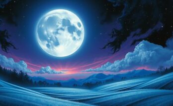 A dramatic full moon in a starry night sky above a tranquil landscape, with intense blues and purples.