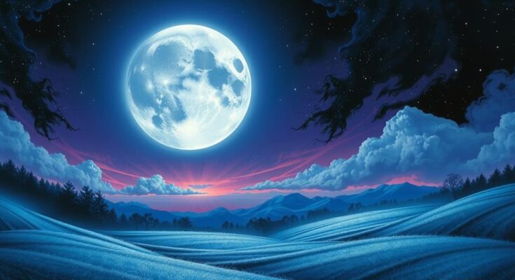 A dramatic full moon in a starry night sky above a tranquil landscape, with intense blues and purples.