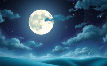 Celestial scene with a bright full moon and zodiac symbols radiating positive energy and vibrant colors.