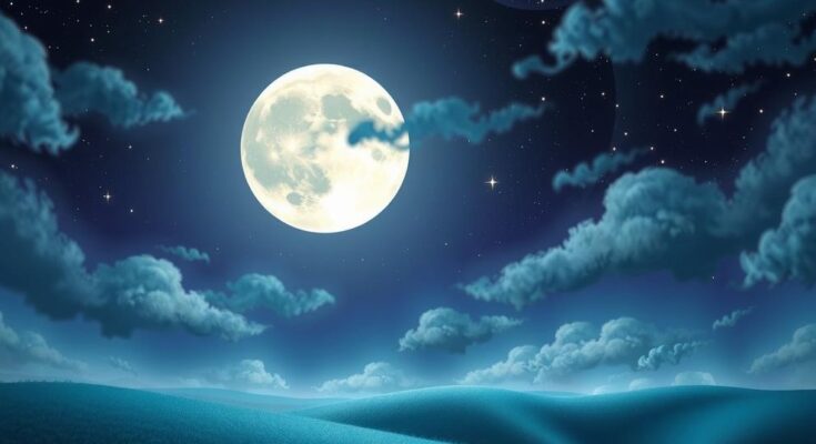 Celestial scene with a bright full moon and zodiac symbols radiating positive energy and vibrant colors.
