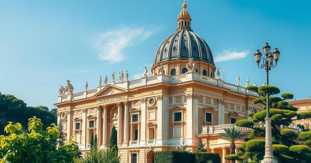 An elegant view of St. Peter's Basilica under a bright blue sky, showcasing its majestic architecture and vibrant surroundings.