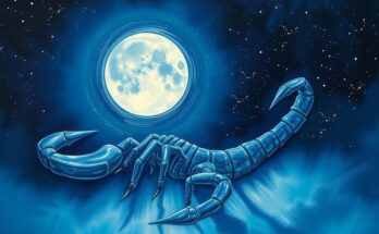 A captivating night sky with a luminous full Moon in Scorpio, surrounded by shimmering stars and cosmic elements.