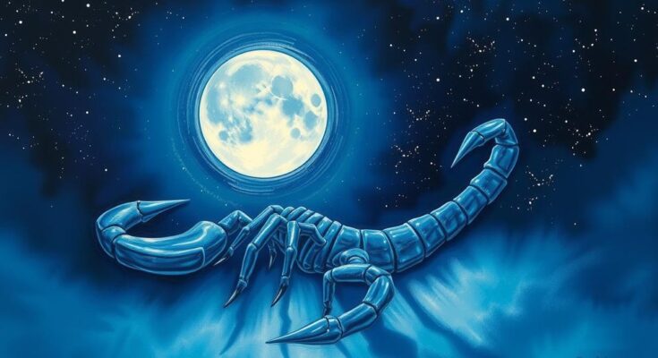 A captivating night sky with a luminous full Moon in Scorpio, surrounded by shimmering stars and cosmic elements.